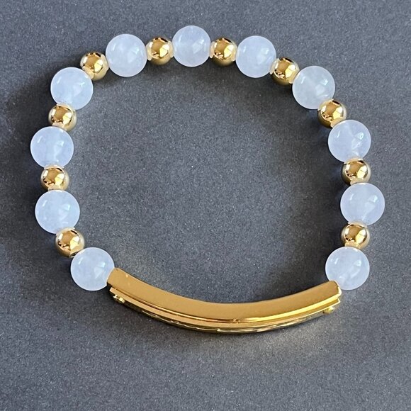 Rustic Cuff White Natural Stone and Stainless Beaded "Courage" Stretch Bracelet - Picture 3 of 4